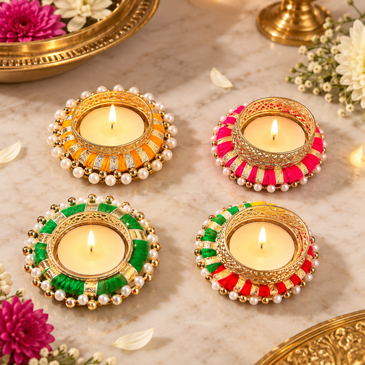 Multicolour Thread & Pearl Beaded Tealight Holder – Assorted Colours