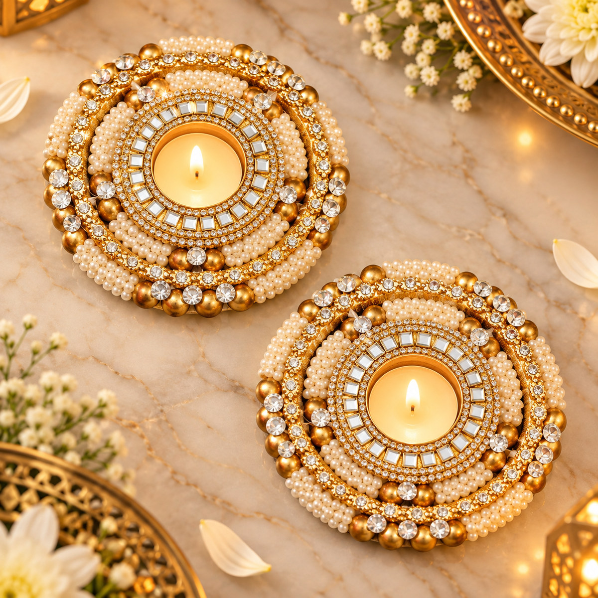 Kundan Pearl & Mirror Tealight Holder – Set of 2