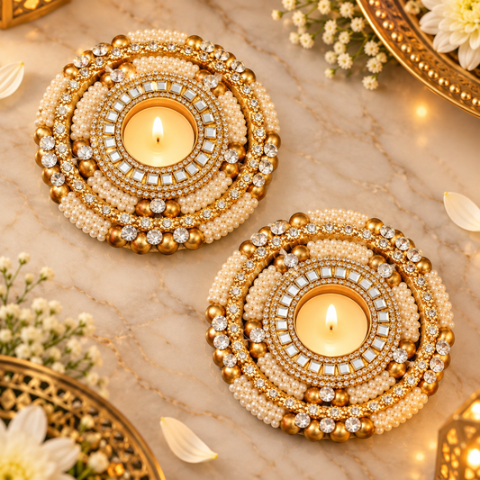 Kundan Pearl & Mirror Tealight Holder – Set of 2