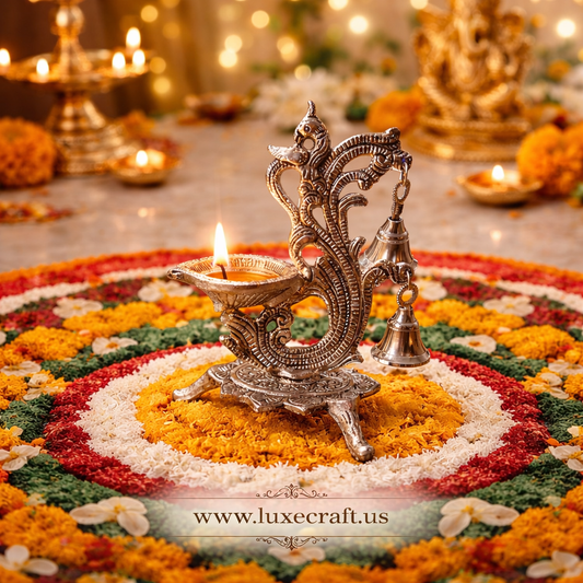Royal Peacock Silver Diya – Premium Handcrafted Pooja Lamp