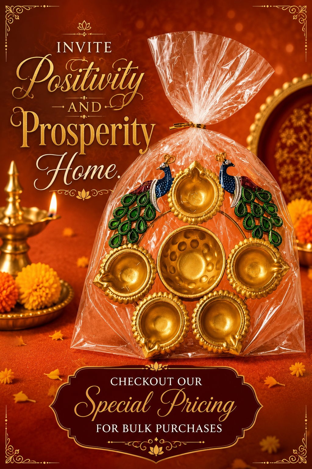Royal Peacock Multi‑Diya Urli – Premium Decorative Pooja & Festive Centerpiece