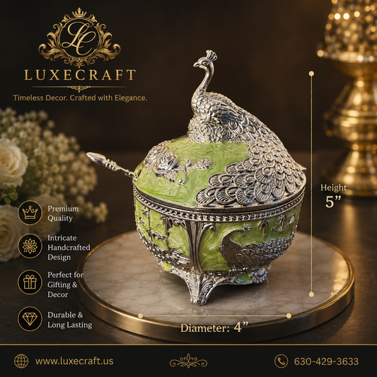 Green Peacock Enamel Sugar Bowl with Spoon