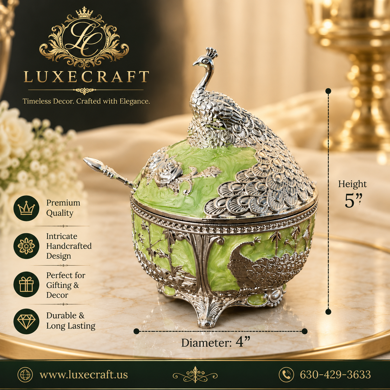 Green Peacock Enamel Sugar Bowl with Spoon