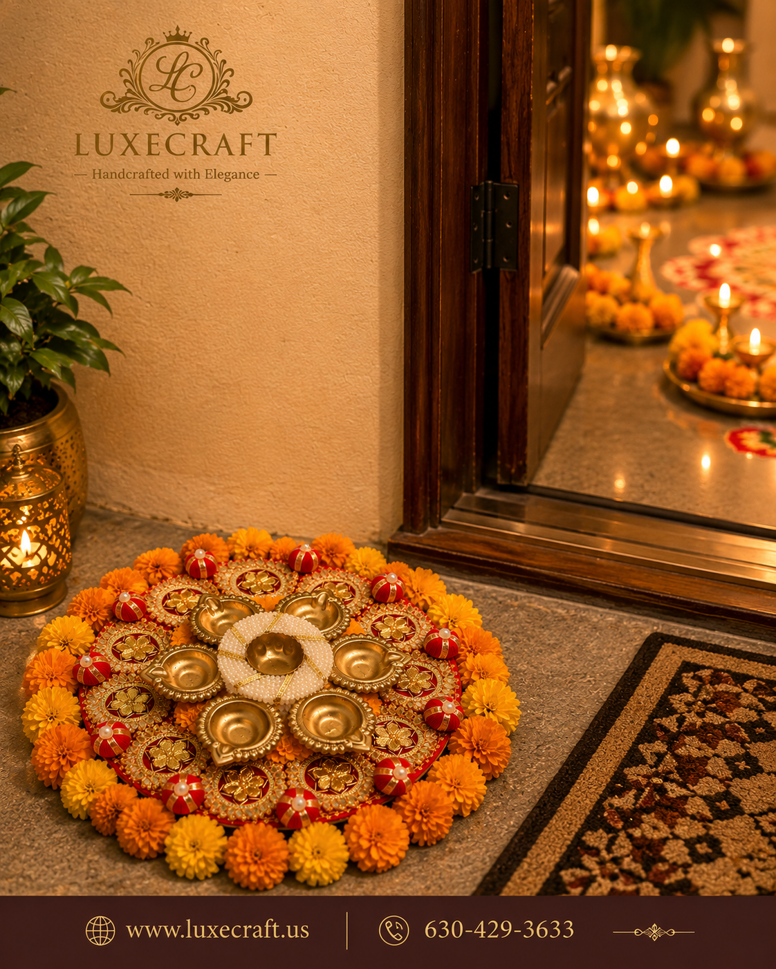 Embellished Velvet Pooja Thali with Diya Set – Handcrafted Festive Décor