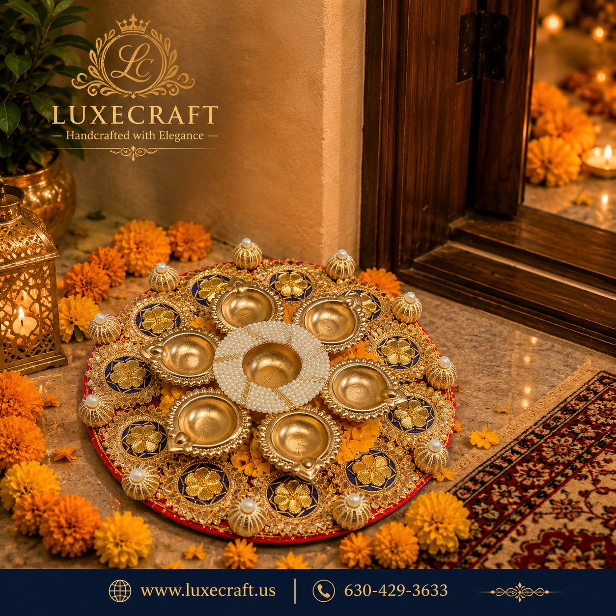 Embellished Velvet Pooja Thali with Diya Set – Handcrafted Festive Décor