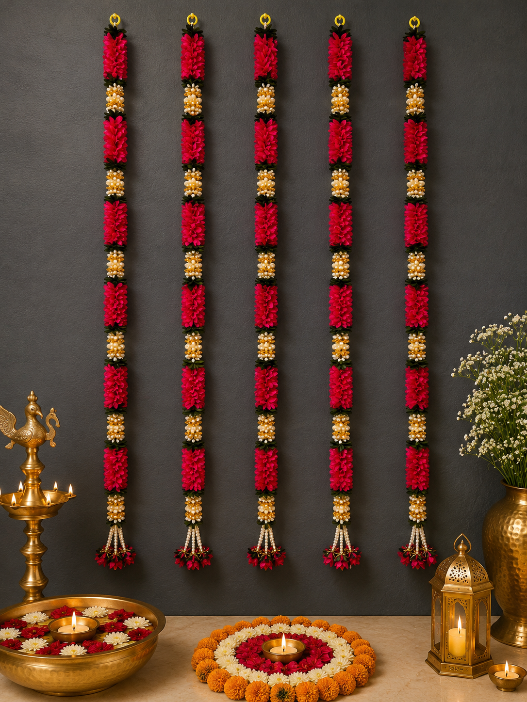 Red, White & Green Artificial Flower Garland (Pack of 5)
