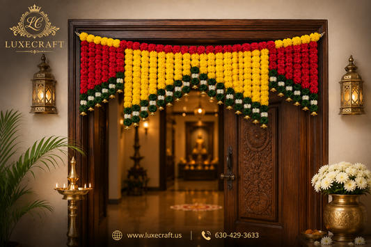 Yellow & Red Marigold Door Toran with Bells – Handcrafted Festive Décor