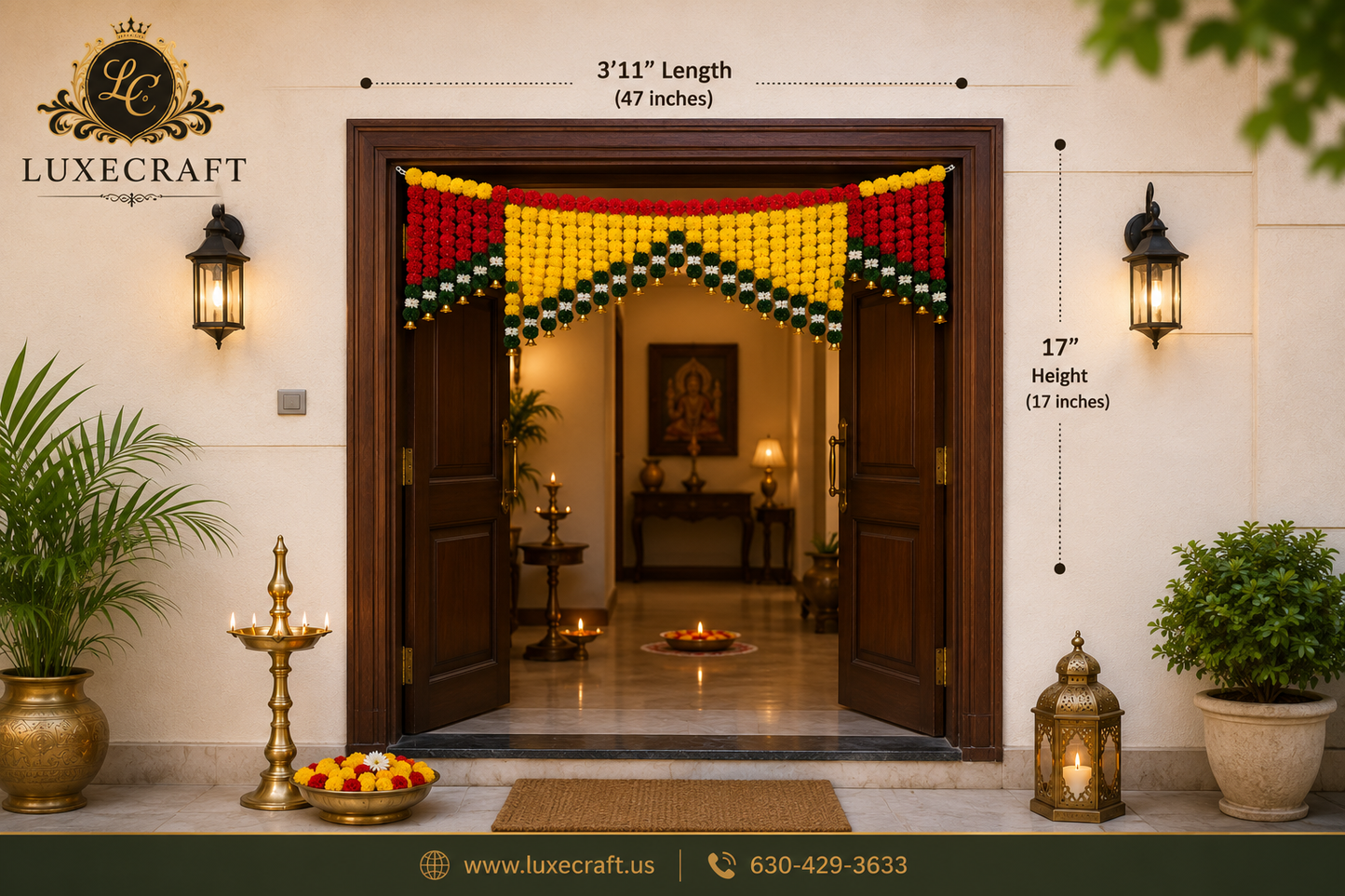 Yellow & Red Marigold Door Toran with Bells – Handcrafted Festive Décor
