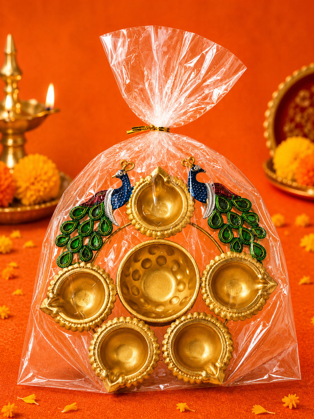 Royal Peacock Multi‑Diya Urli – Premium Decorative Pooja & Festive Centerpiece