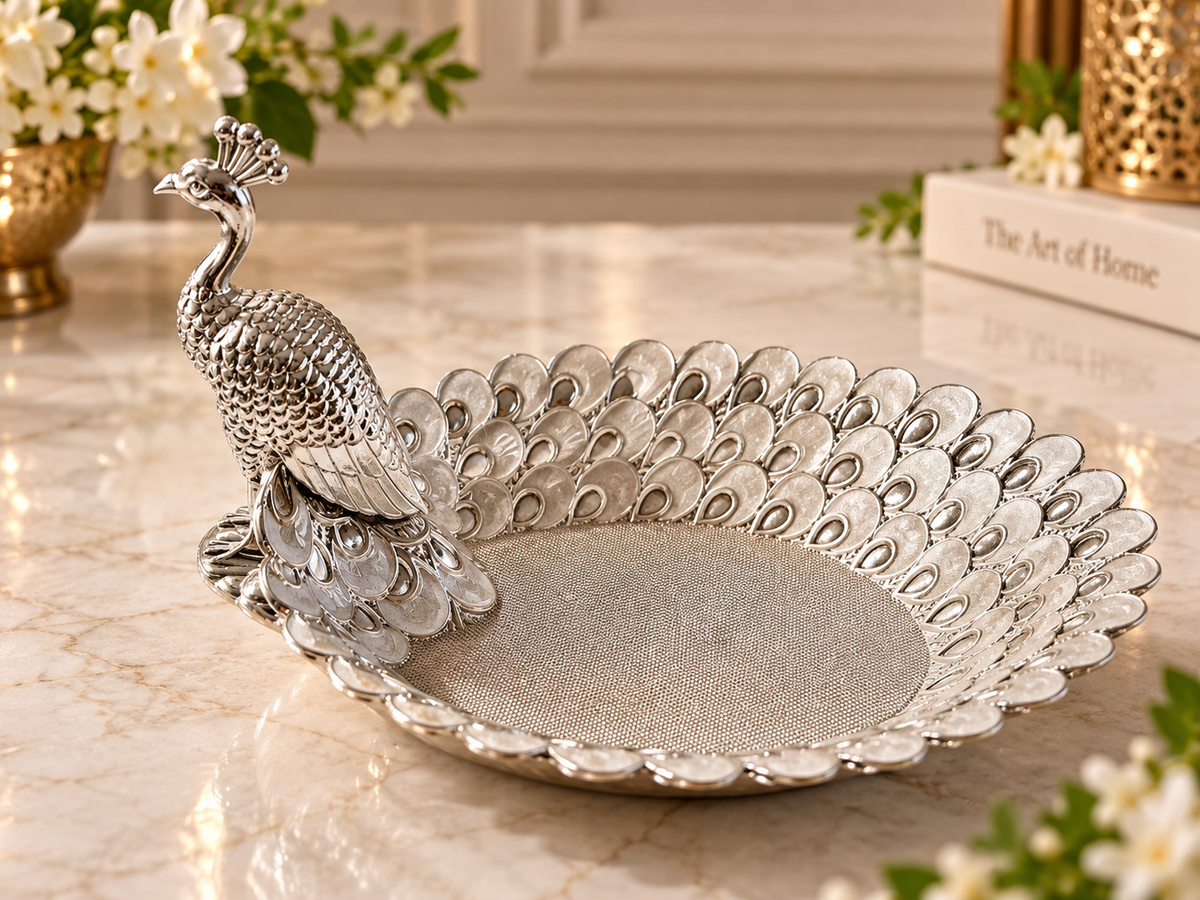 Gold Peacock Enamel Serving Tray| Diwali | Housewarming | party | Varalakshmi | Navratri| Christmas