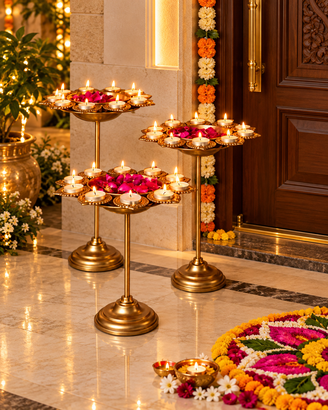 Gold Lotus Plate Tealight Stand – Set of 3