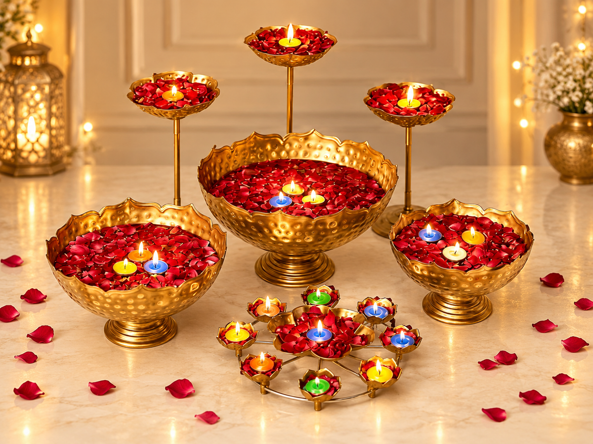 Hammered Gold Urli & Standing Diya Set (7 Pieces)