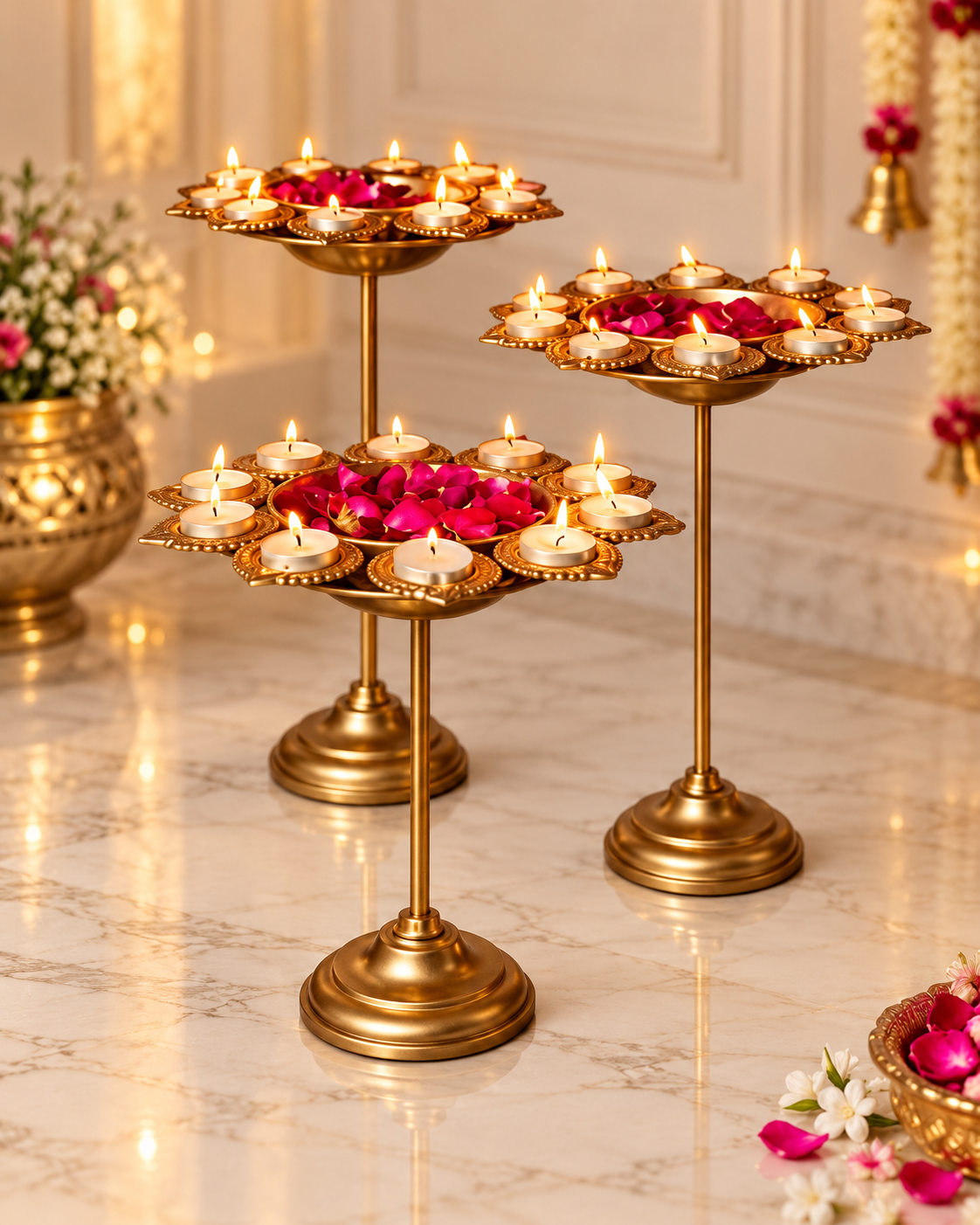 Gold Lotus Plate Tealight Stand – Set of 3