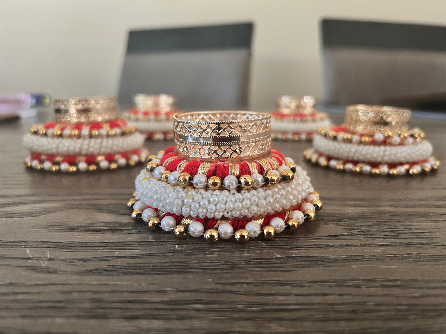 Red Thread & Pearl Beaded Tealight Holder (Set of 5)