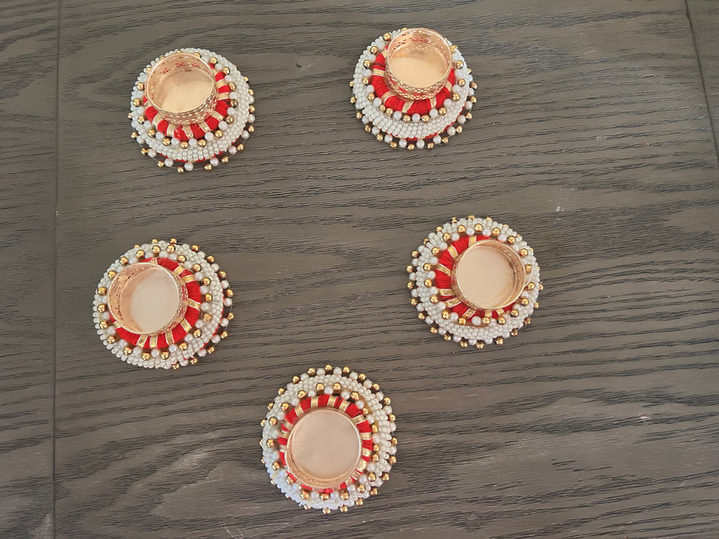 Red Thread & Pearl Beaded Tealight Holder (Set of 5)