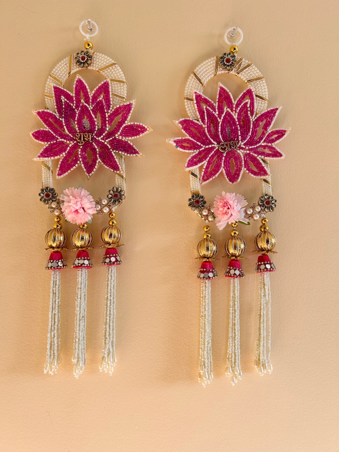 Shubh Labh Beaded Lotus Wall Hanging (Pair, 15")