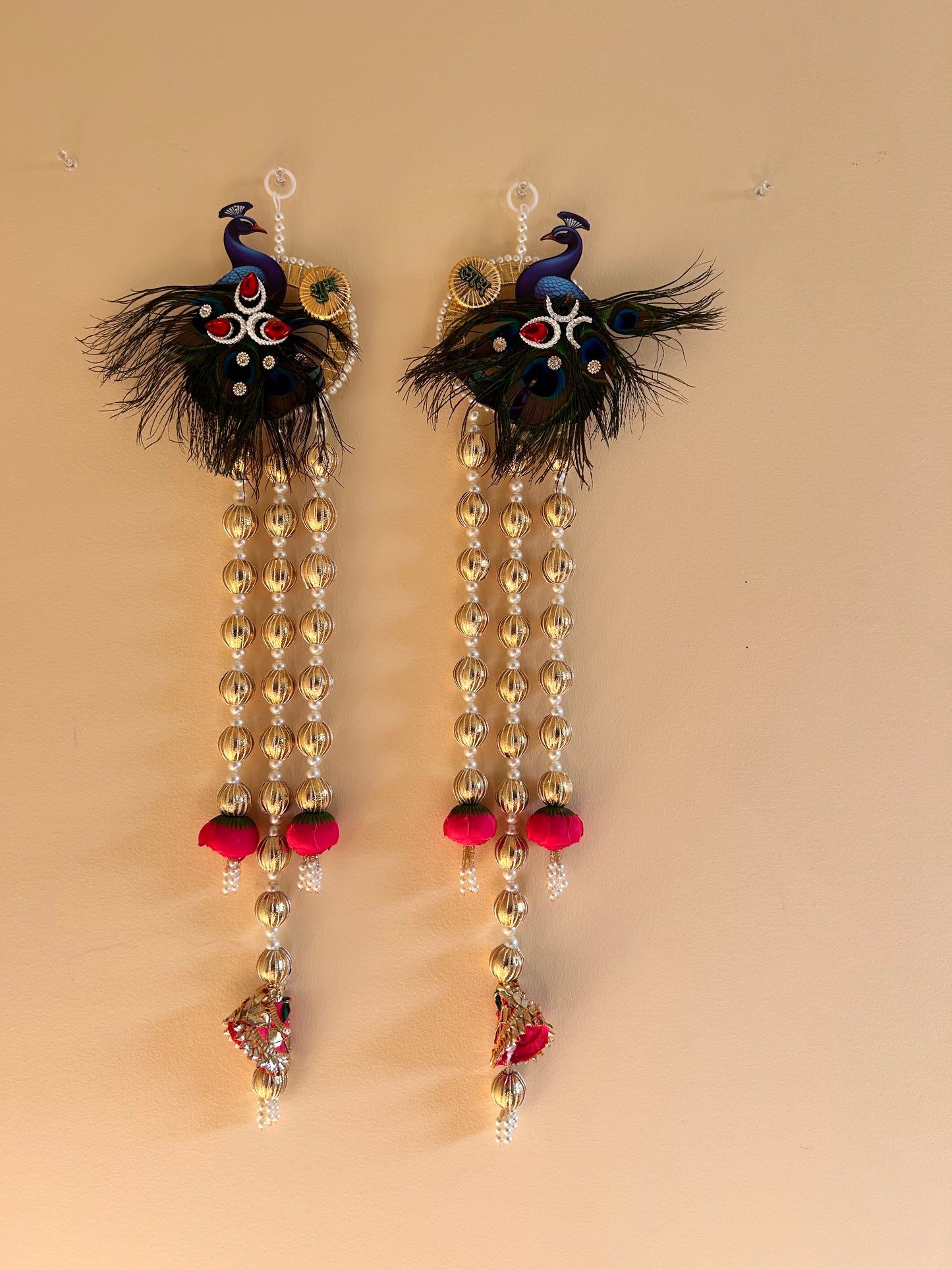 Shubh Labh Peacock & Feather Wall Hanging (Pair, 25.5")