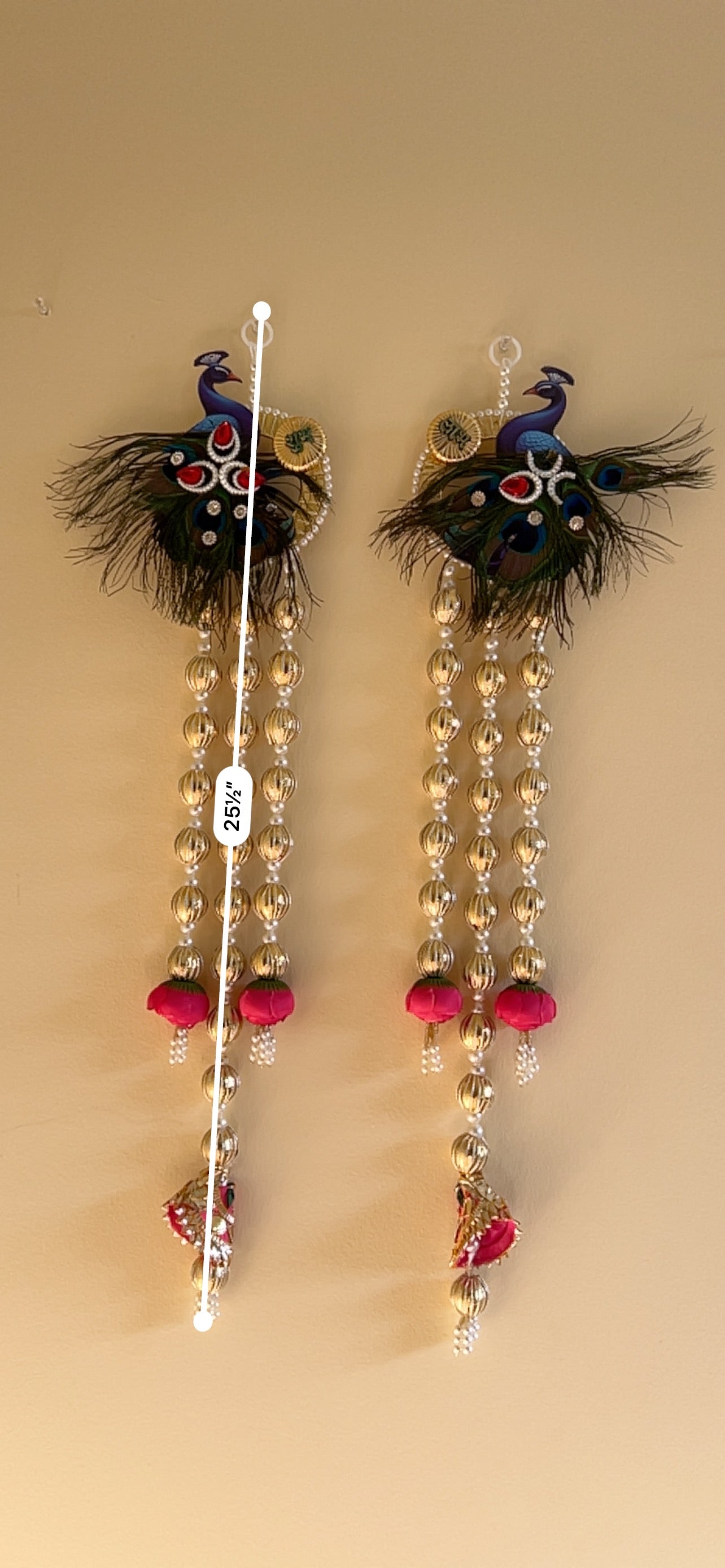 Shubh Labh Peacock & Feather Wall Hanging (Pair, 25.5")