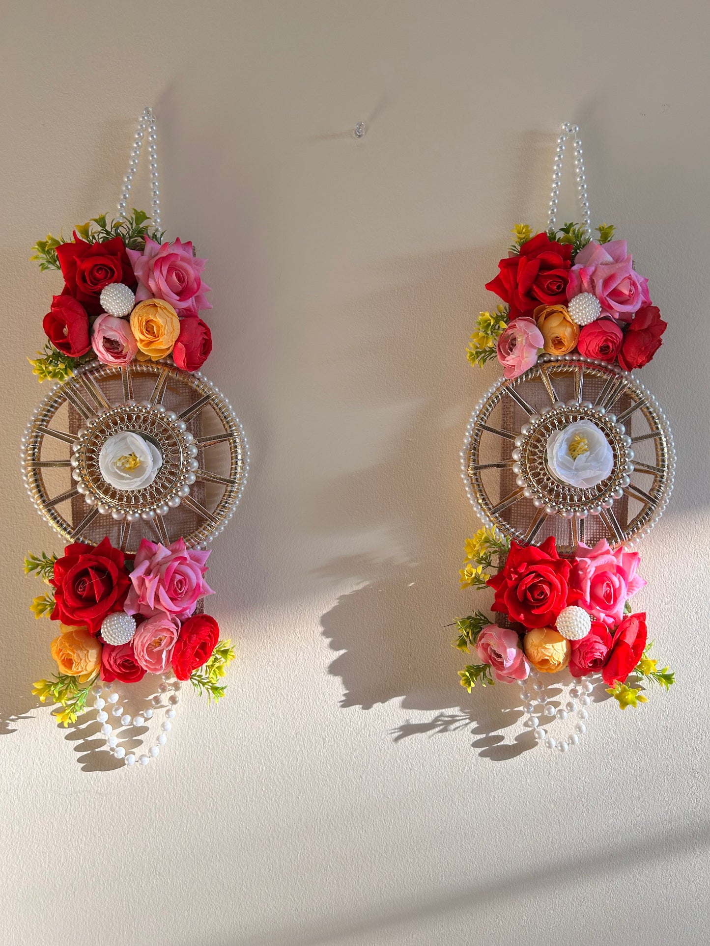 Rose & Pearl Floral Wall Hanging with Jute Ring (Pair, 19")