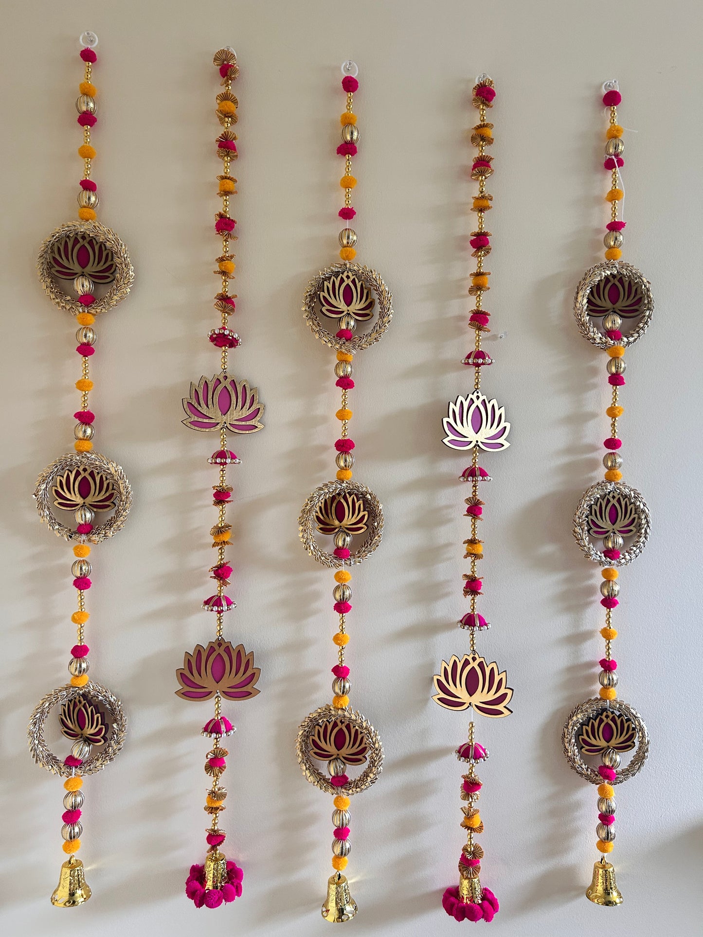 Lotus & Pom Pom Hanging String with Bell (Set of 10, 3'3")