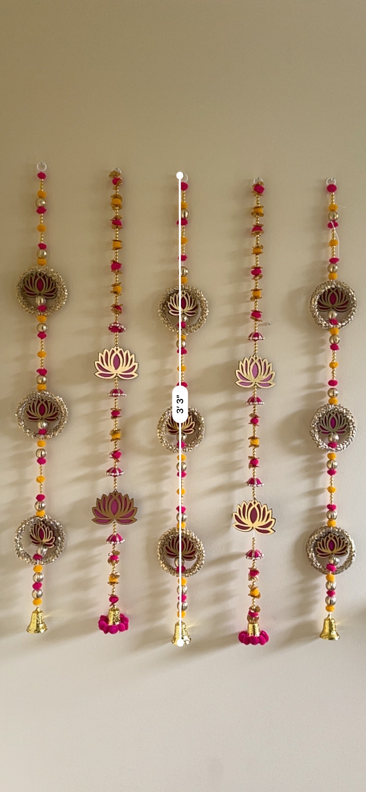 Lotus & Pom Pom Hanging String with Bell (Set of 10, 3'3")