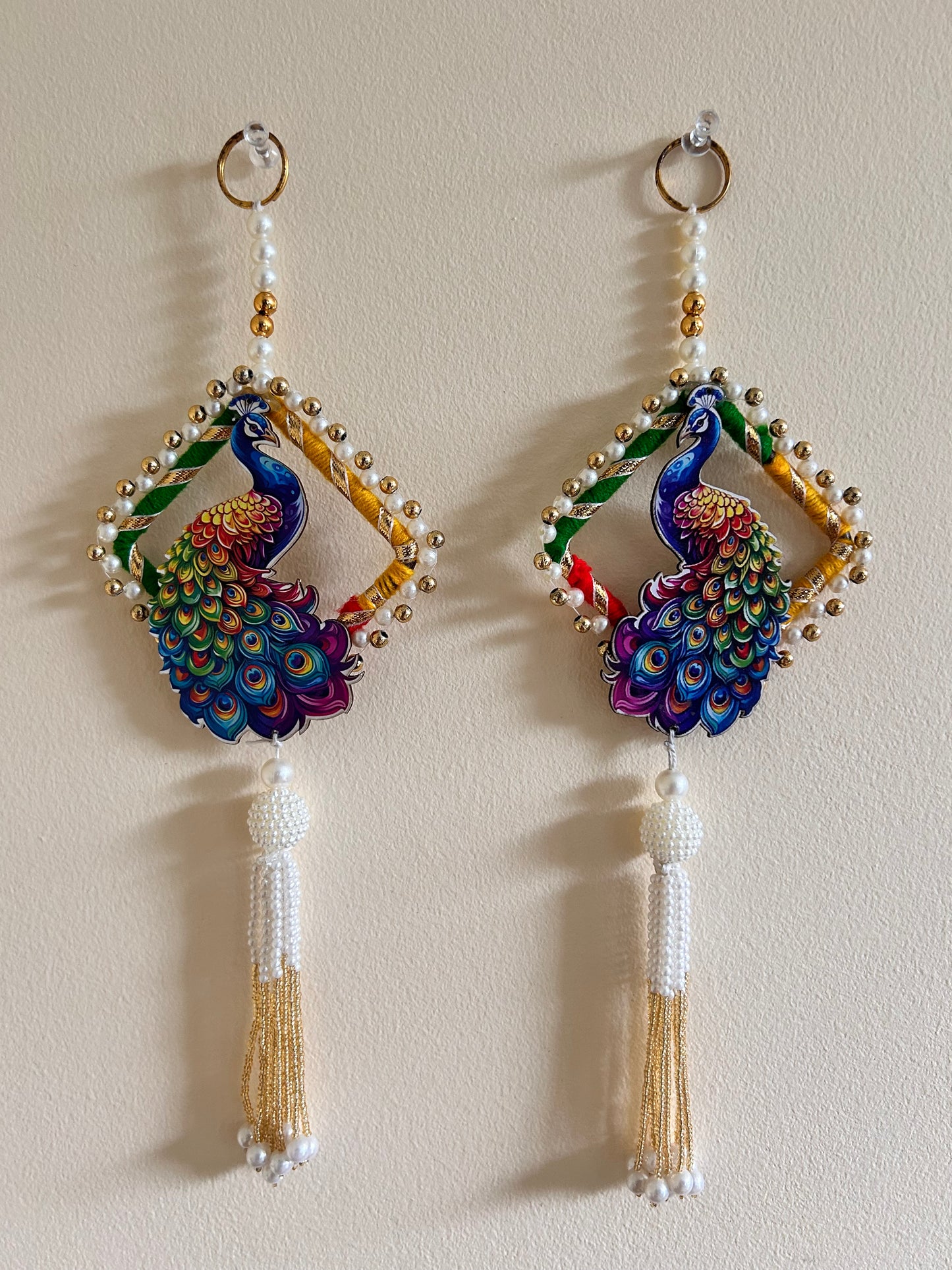 Peacock Diamond Frame Hanging with Pearl Tassel – Pair
