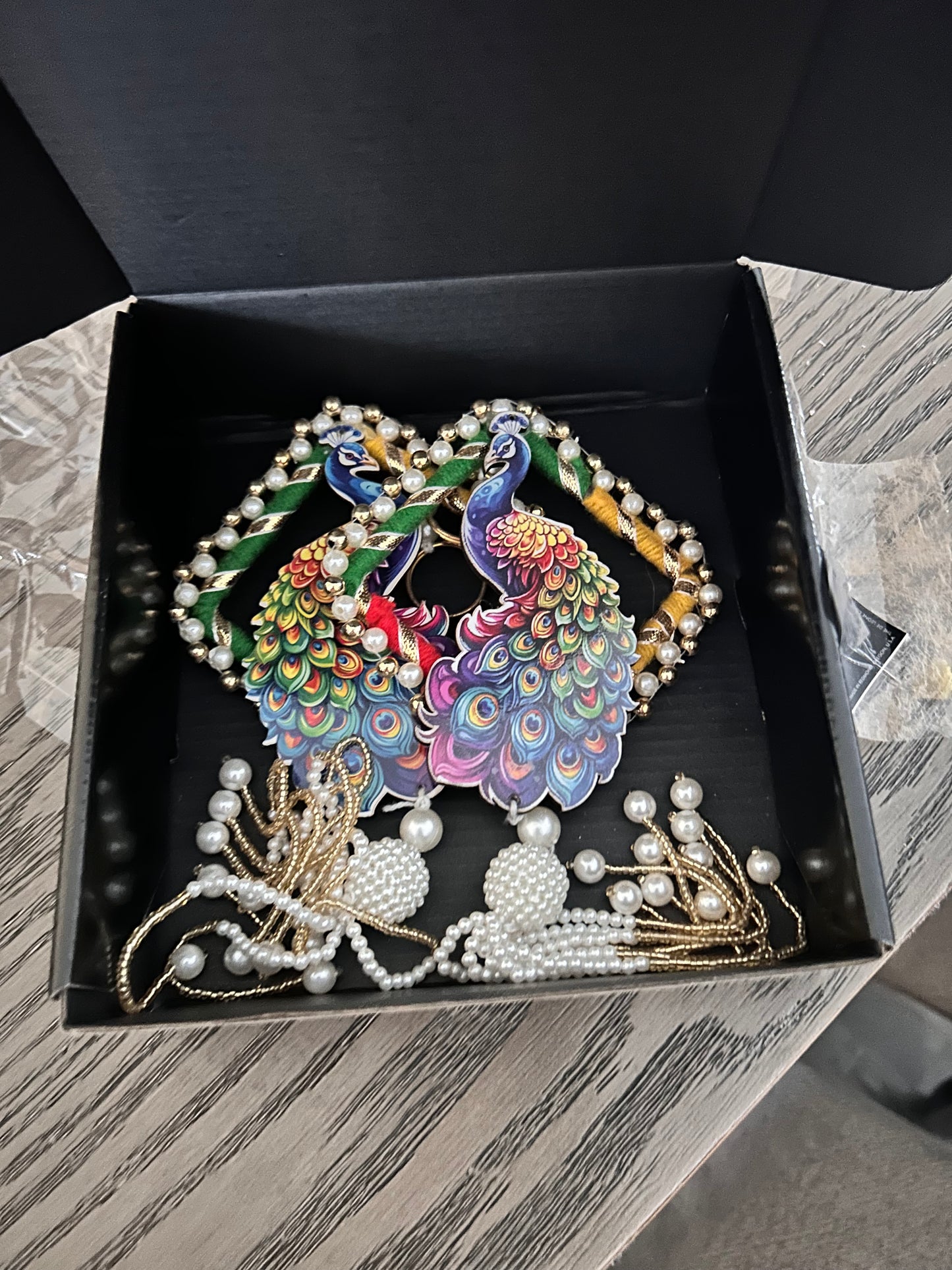 Peacock Diamond Frame Hanging with Pearl Tassel – Pair