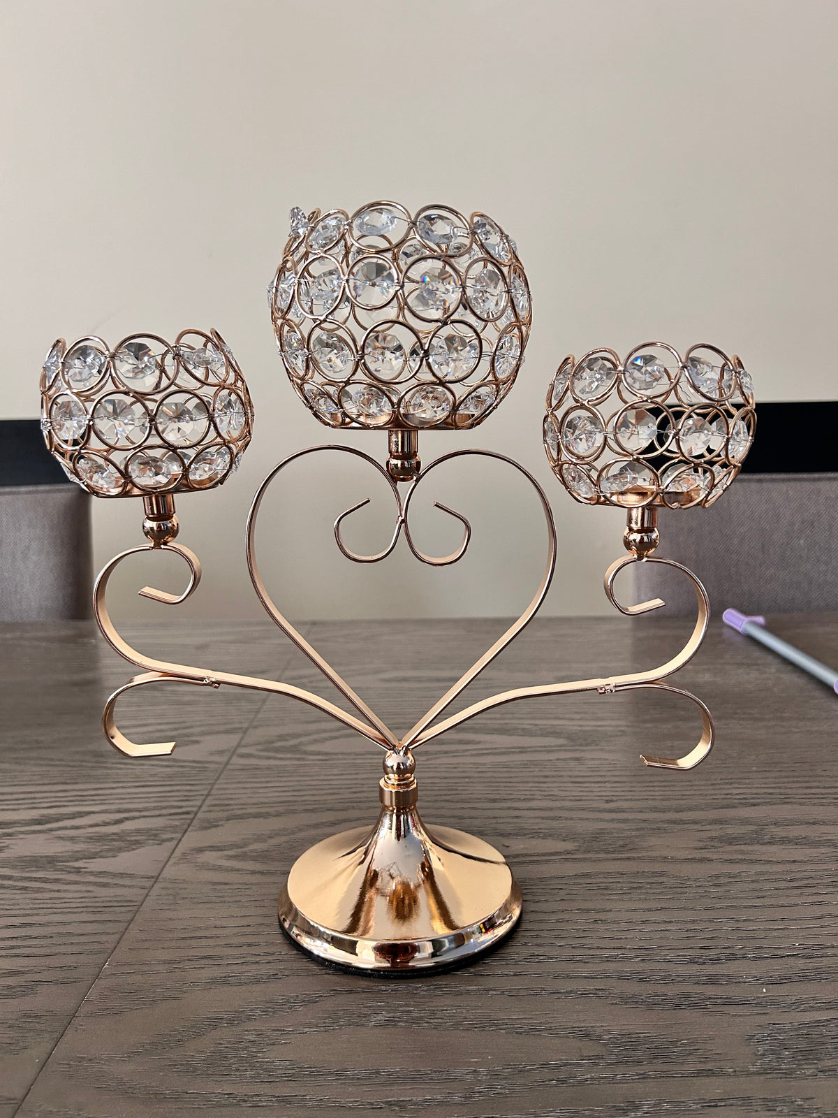 Gold Crystal Heart Candelabra Tea-Light Holder (3-Cup) – Handcrafted Festive Décor