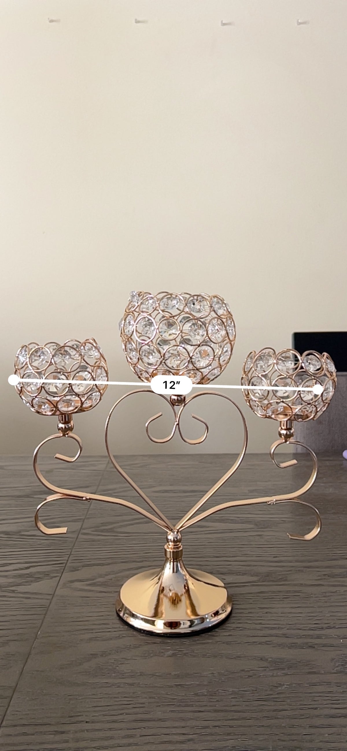 Gold Crystal Heart Candelabra Tea-Light Holder (3-Cup) – Handcrafted Festive Décor