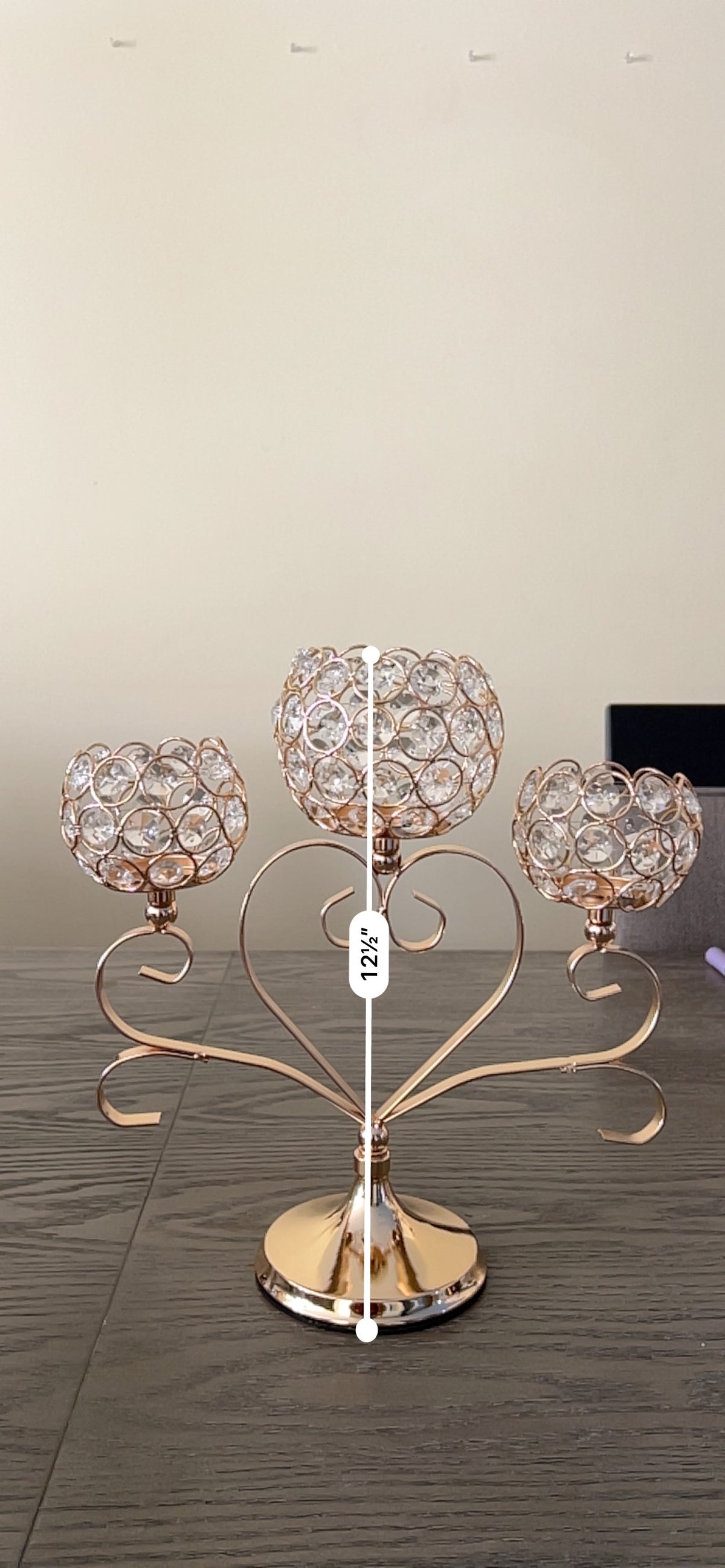 Gold Crystal Heart Candelabra Tea-Light Holder (3-Cup) – Handcrafted Festive Décor