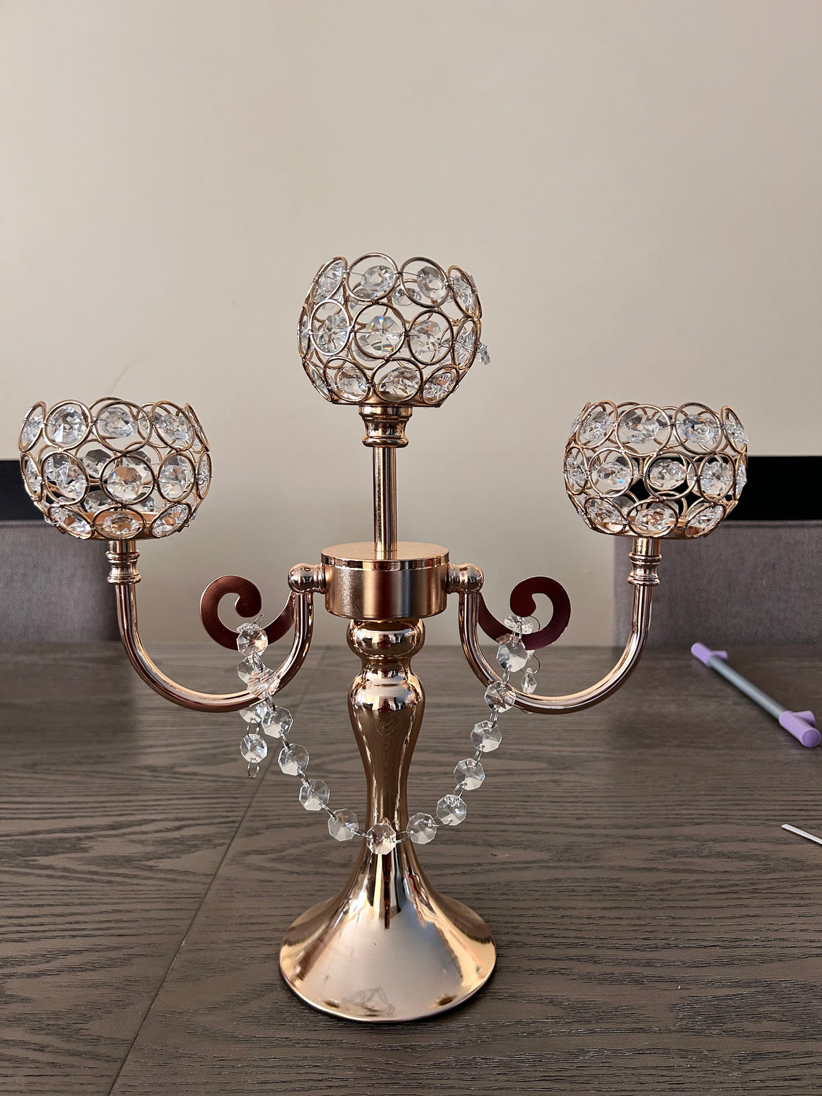 Gold Crystal 3-Arm Candelabra Tea-Light Holder – Handcrafted Festive Décor