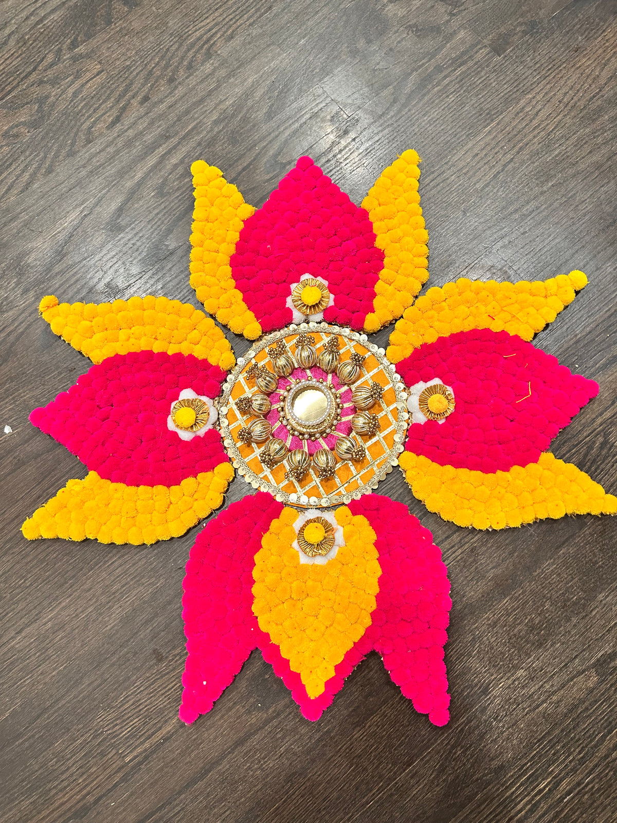 Pink & Marigold Pom-Pom Lotus Rangoli – 23 Inch