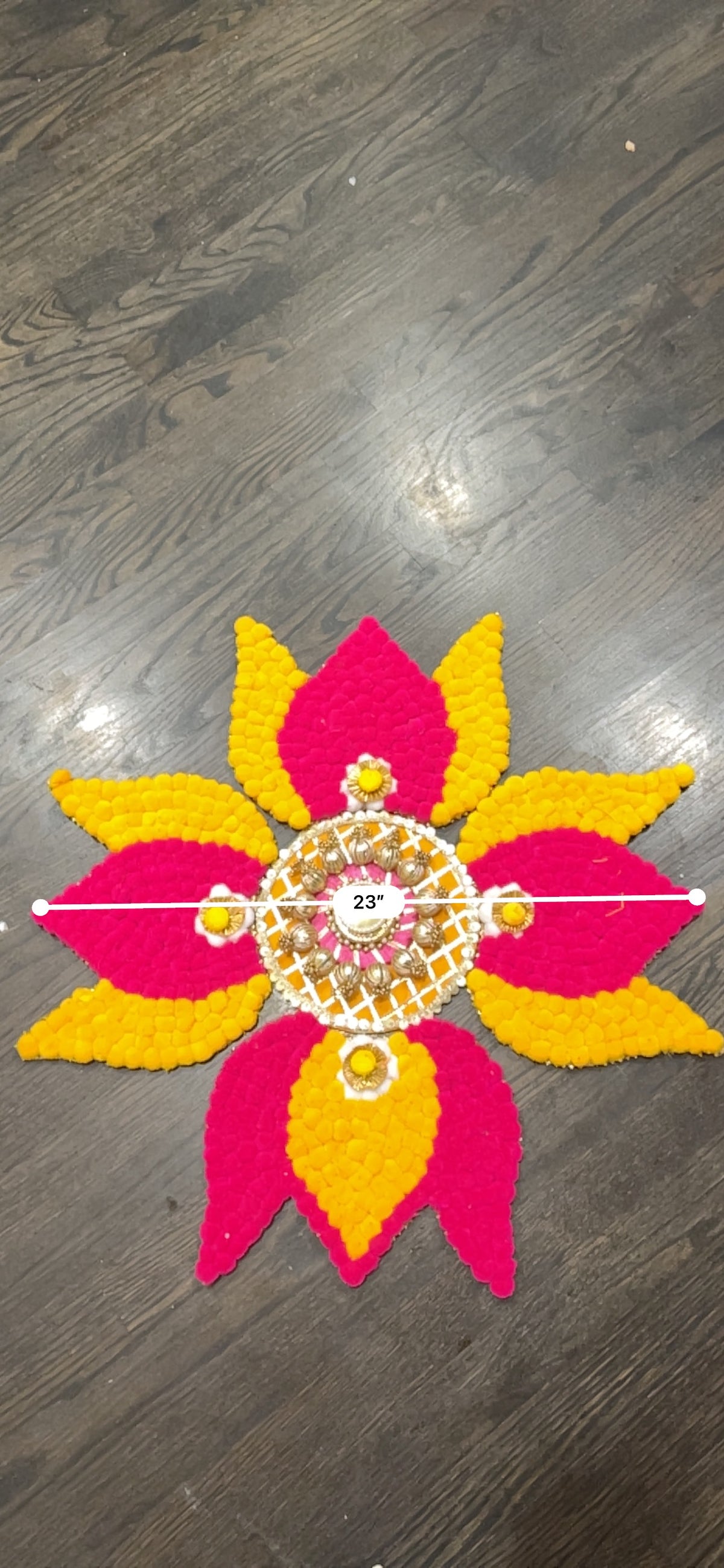 Pink & Marigold Pom-Pom Lotus Rangoli – 23 Inch