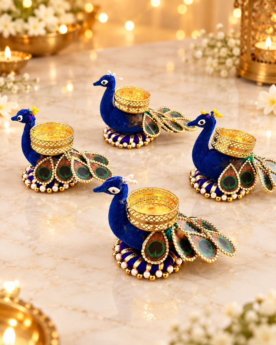 Velvet Peacock Tealight Holder with Feather Tail