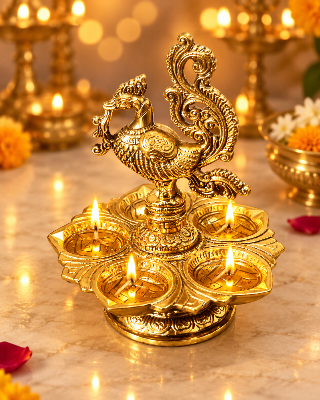 Peacock Four-Diya Oil Lamp Stand