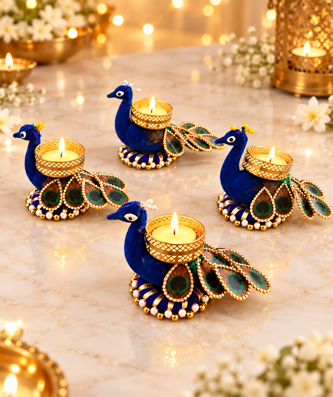 Velvet Peacock Tealight Holder with Feather Tail