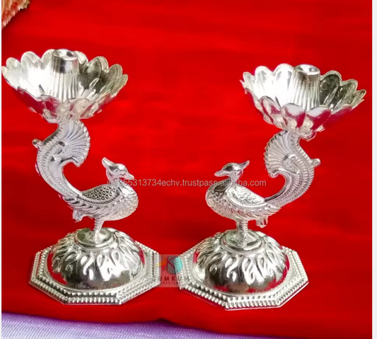 German Silver Peacock Lotus Diya Stands Pair Oil Lamps