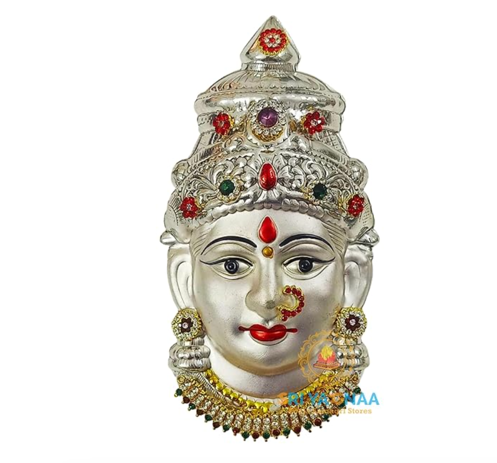 Silver Plated Decorated Face - Laxmi Mukhota - Varalakshmi Face - Decorative Silver Ammavari Face (7 Inch)