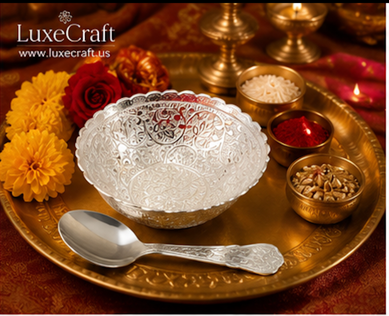 German Silver Floral Bowl & Spoon Set
