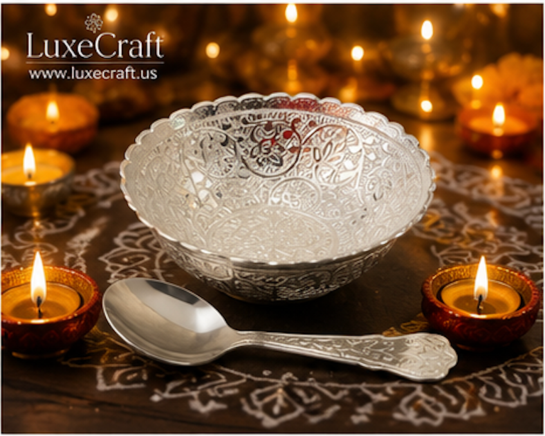 German Silver Floral Bowl & Spoon Set