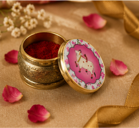 Brass Pichwai Kumkum Box with Kamdhenu Lid