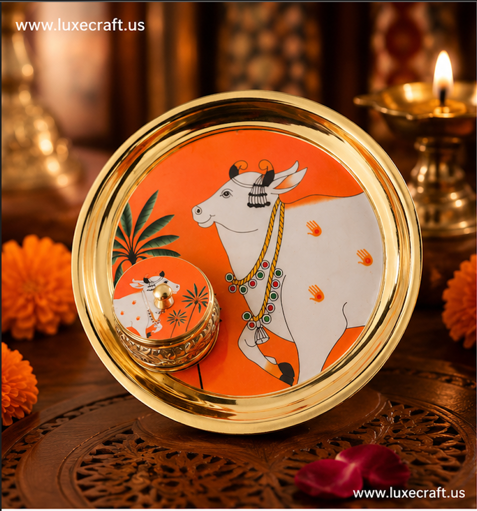 Brass Pichwai Kamdhenu Plate & Kumkum Box Gift Set