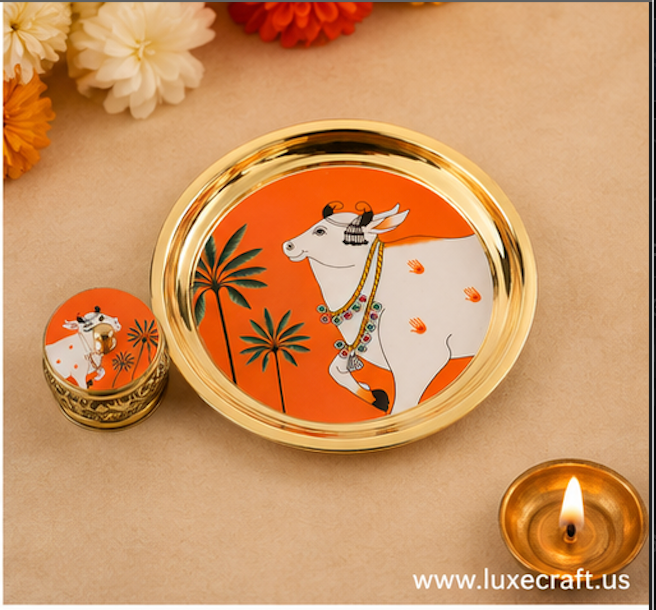 Brass Pichwai Kamdhenu Plate & Kumkum Box Gift Set