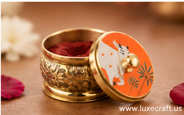 Brass Pichwai Kamdhenu Plate & Kumkum Box Gift Set