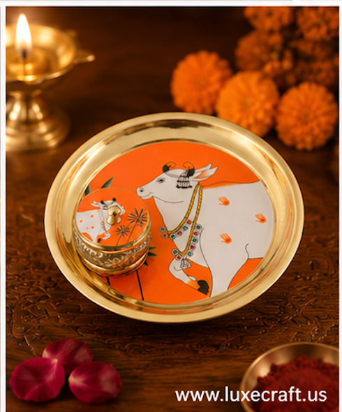 Brass Pichwai Kamdhenu Plate & Kumkum Box Gift Set