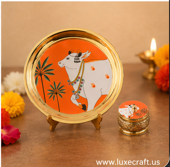 Brass Pichwai Pooja Plate & Kumkum Box Gift Set | Diwali | Housewarming | Indian Gifts