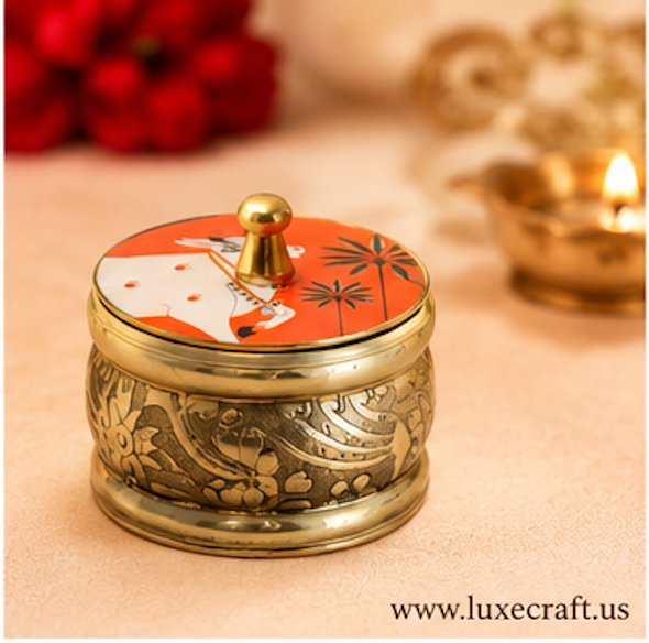 Brass Pichwai Cow Kumkum / Haldi Box