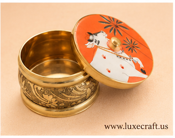 Brass Pichwai Cow Kumkum / Haldi Box