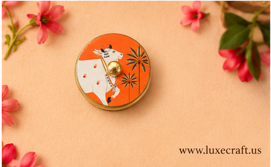 Brass Pichwai Cow Kumkum / Haldi Box