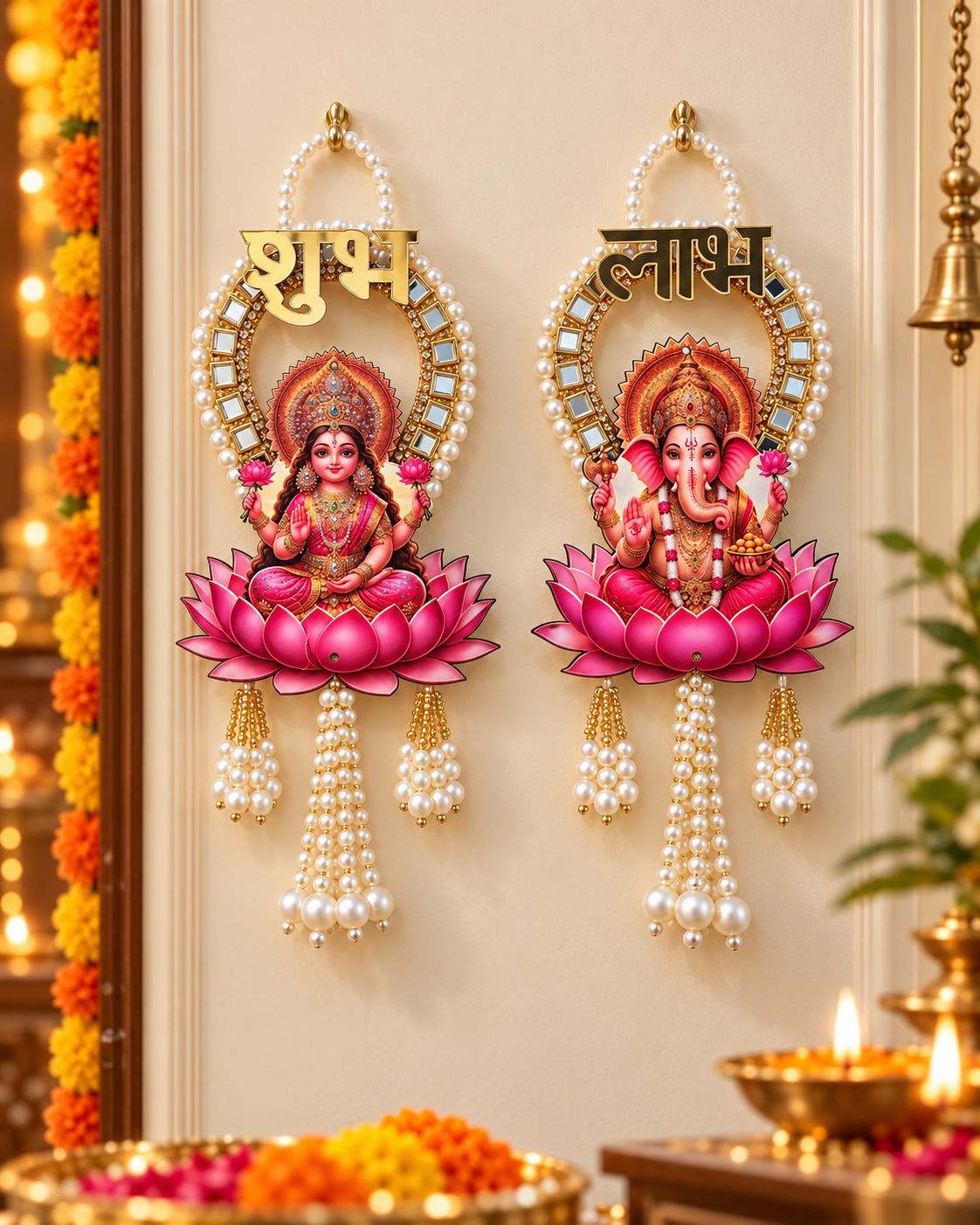 Shubh Labh Lotus Pearl Door Hanging Pair